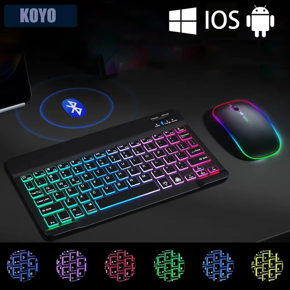 Teclado Mini Bluetooth RGB Retroiluminado 10” con Ratón Inalámbrico Recargable – Español y Multilenguaje