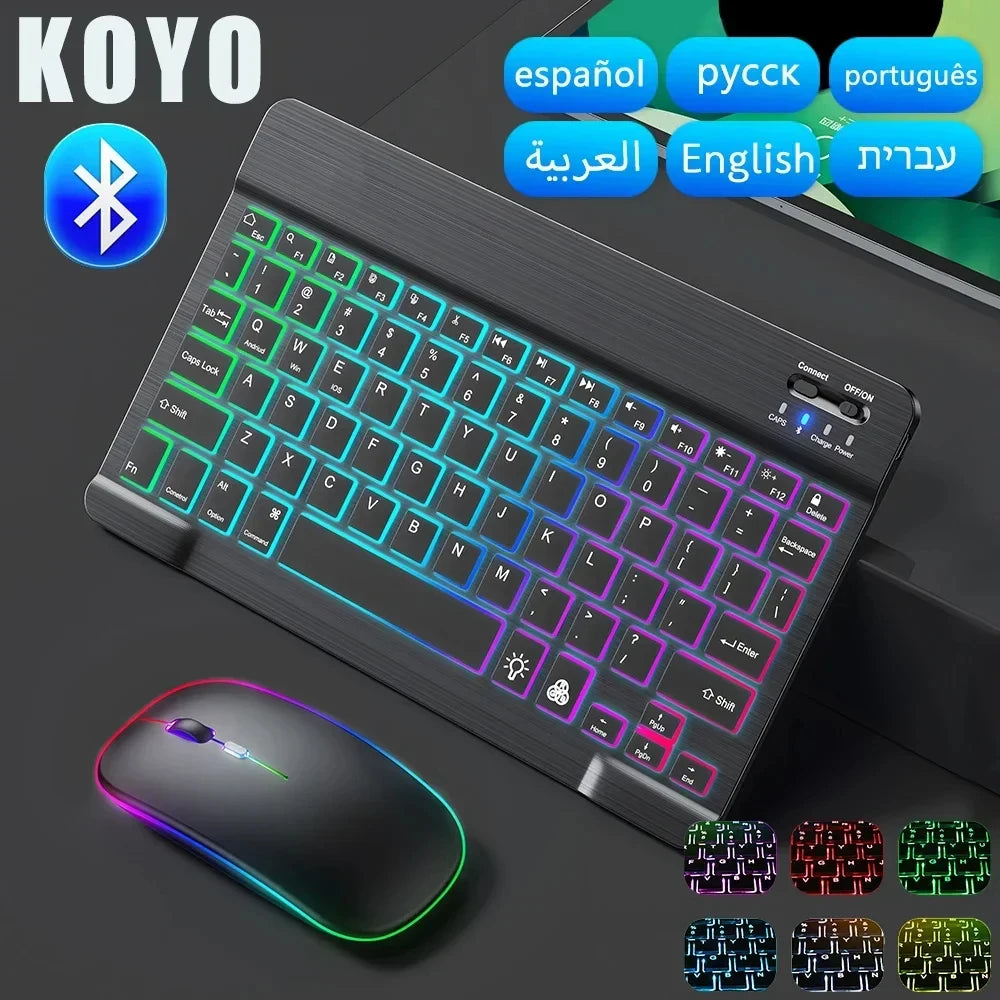 Teclado Mini Bluetooth RGB Retroiluminado 10” con Ratón Inalámbrico Recargable – Español y Multilenguaje